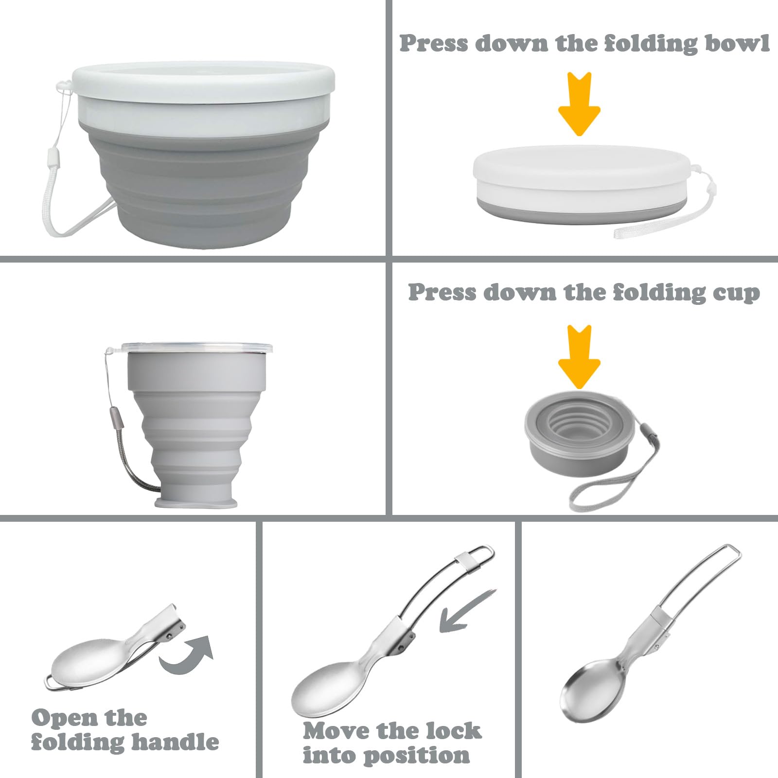Set da campeggio pieghevole 6 in 1 – Contiene coltello, cucchiaio, forchetta acciaio inox, tazza, scodella, piatto e rete. Perfetto per viaggi, trekking, picnic e campeggio