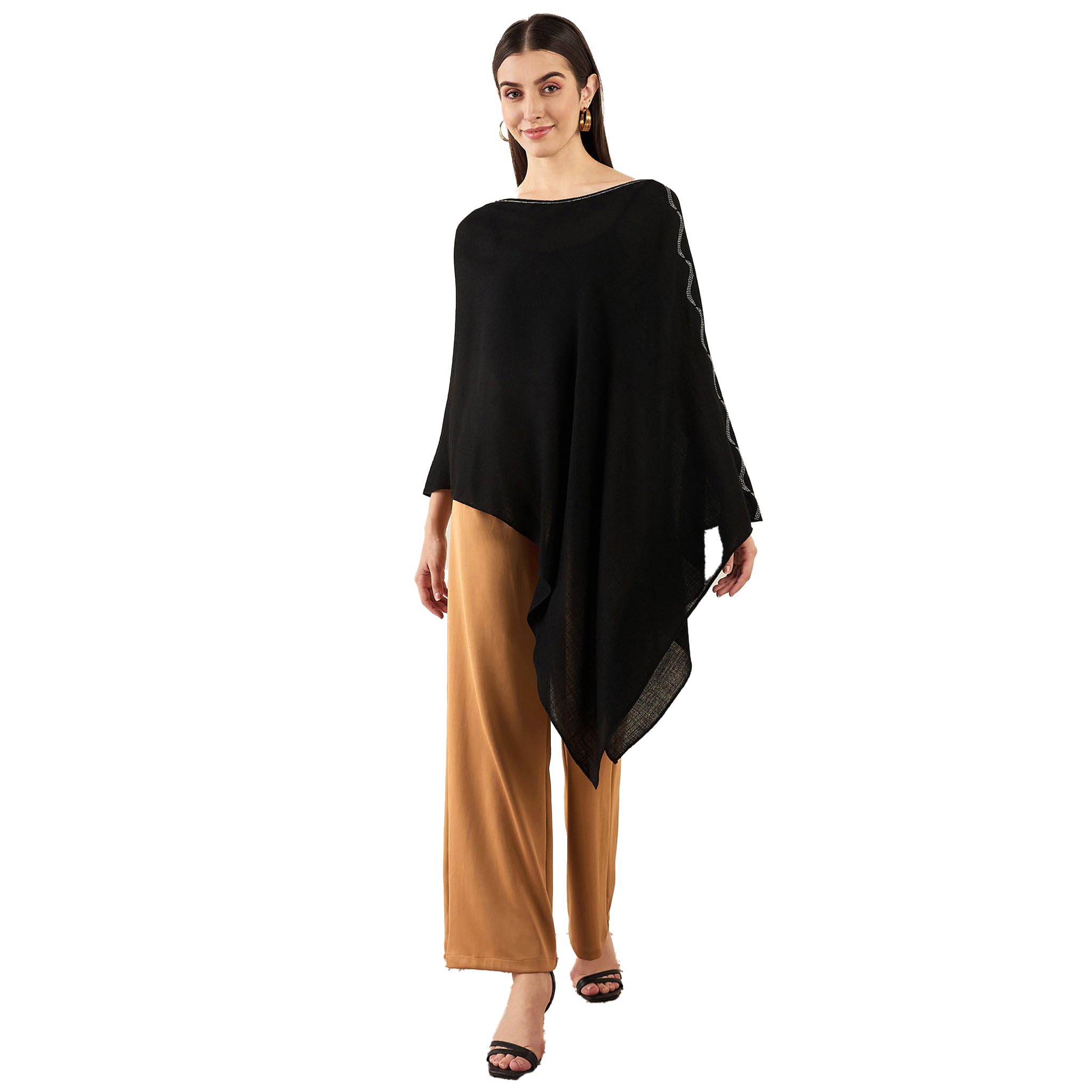 first resort Black Asymmetrical Embellished Cashmere Poncho-picture-18