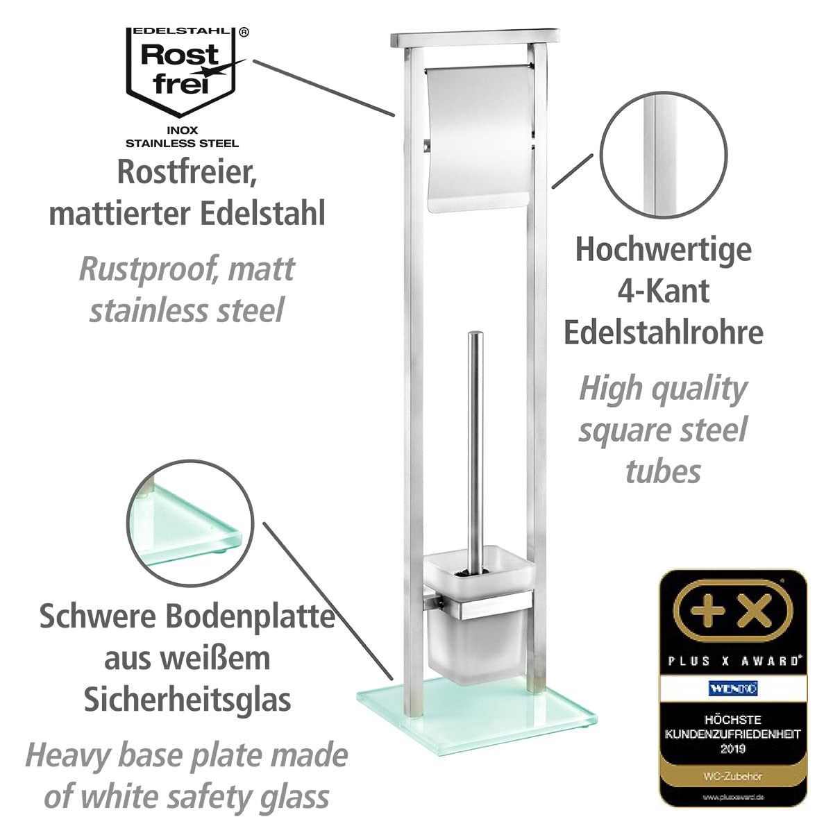 WENKO Stand WC-Garnitur Mod. Debar Kombination aus Edelstahl und Glas inkl. Bürste Ø 7,5 cm Maße 18 x 73 x 18 cm Farbe weiß satinierte Oberfläche