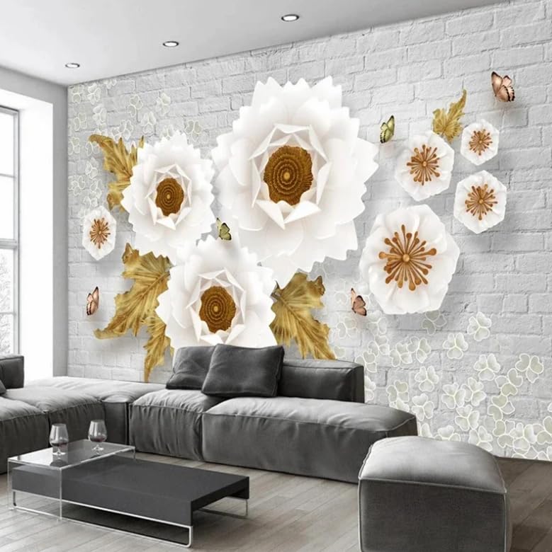 Papier peint fleurs blanches brique 3D pour salon et chambre 300x210cm