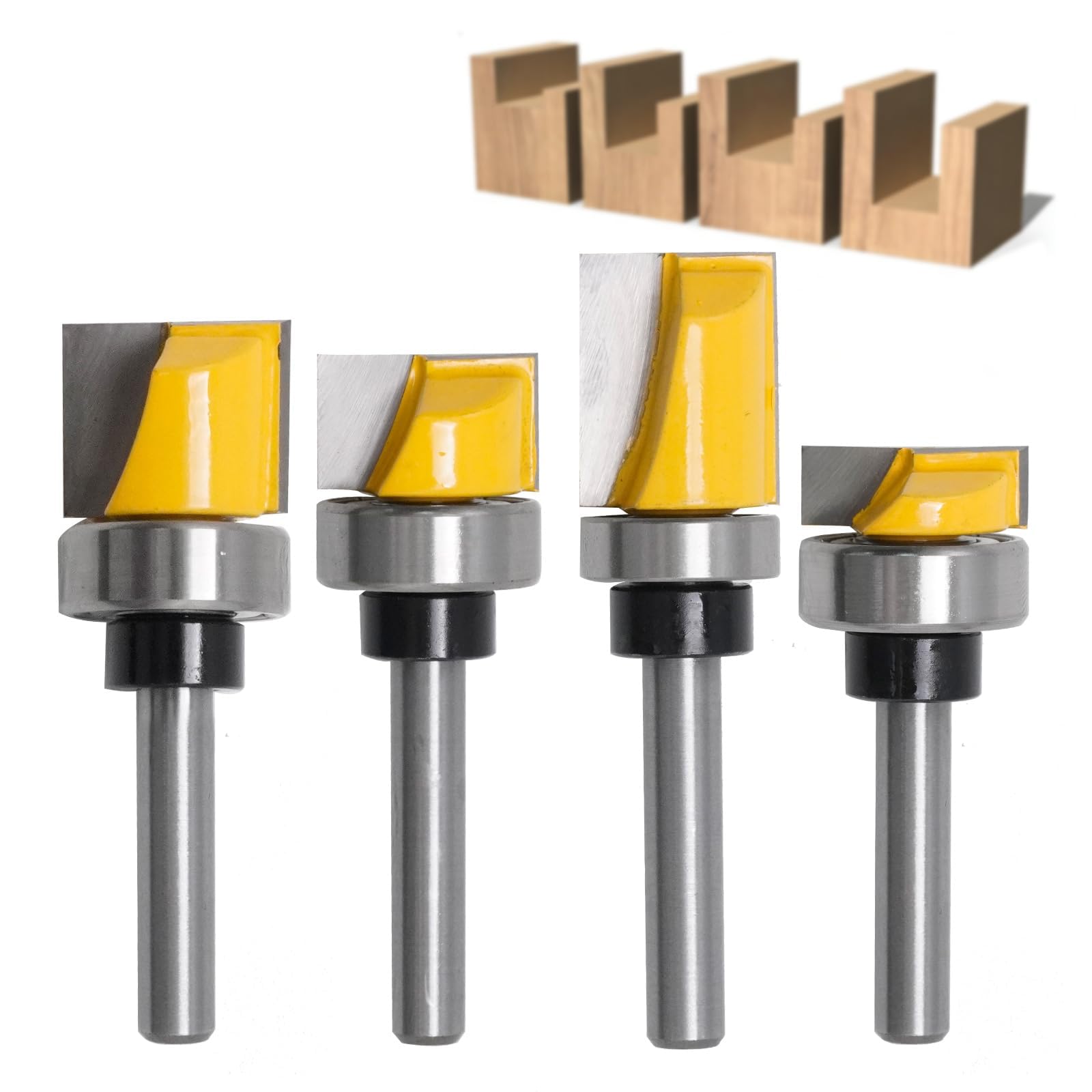 JUUDDENPARTS 4 PCS 1/4" Shank Flush Trim Hinge Mortising Router Bit Set, Carbide Tipped Woodworking Tool for Cabinets, Door Frames, and Plywood Projects（Sliver&Yellow)