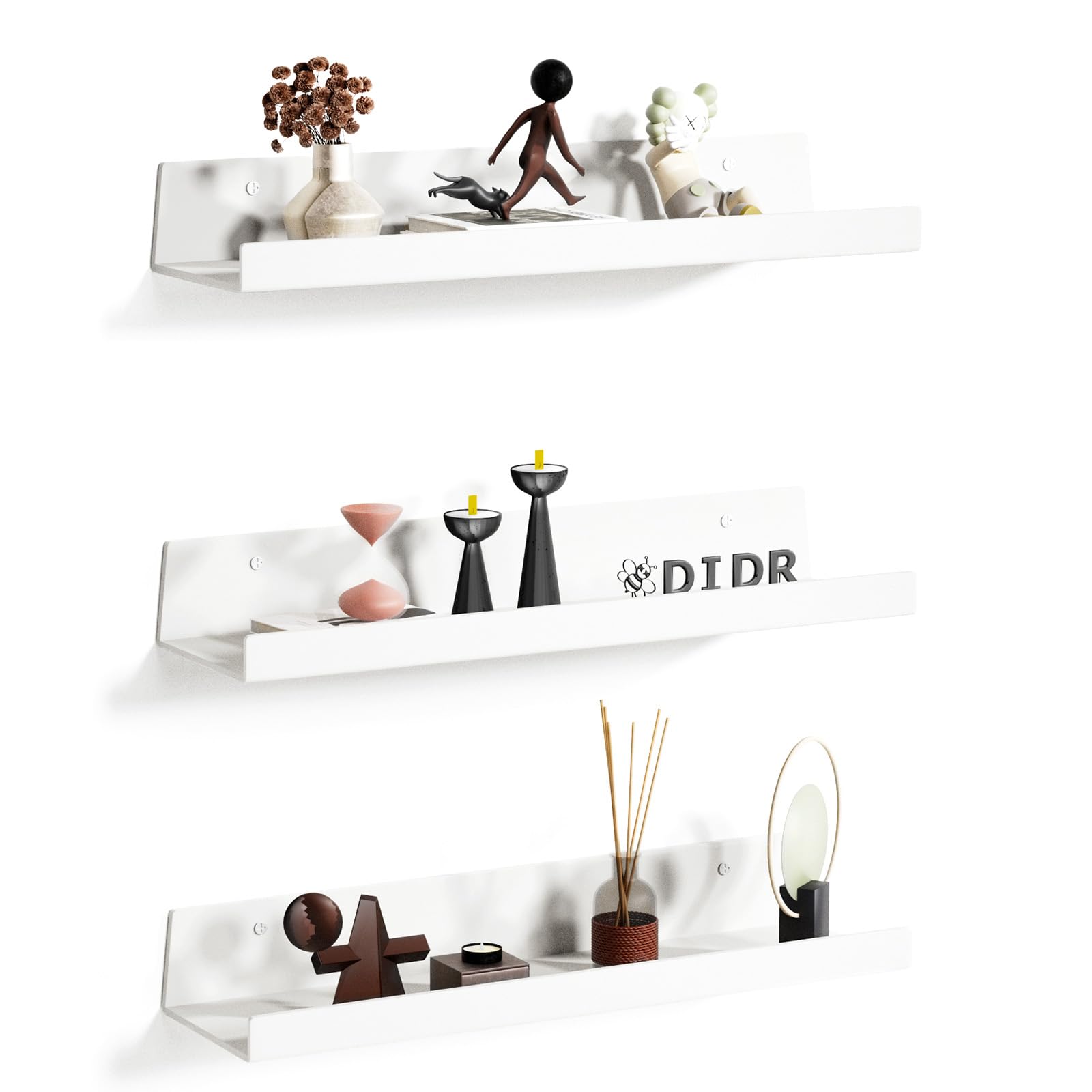 Qaxinmi Floating Shelves for Wall Storage, 3 Pack 15" White Acrylic Shelves for Pictures, Books, Figures, Photos, Makeup, Wall Mounted Shelf for Living Room, Bathroom, Bedroom, Kitchen