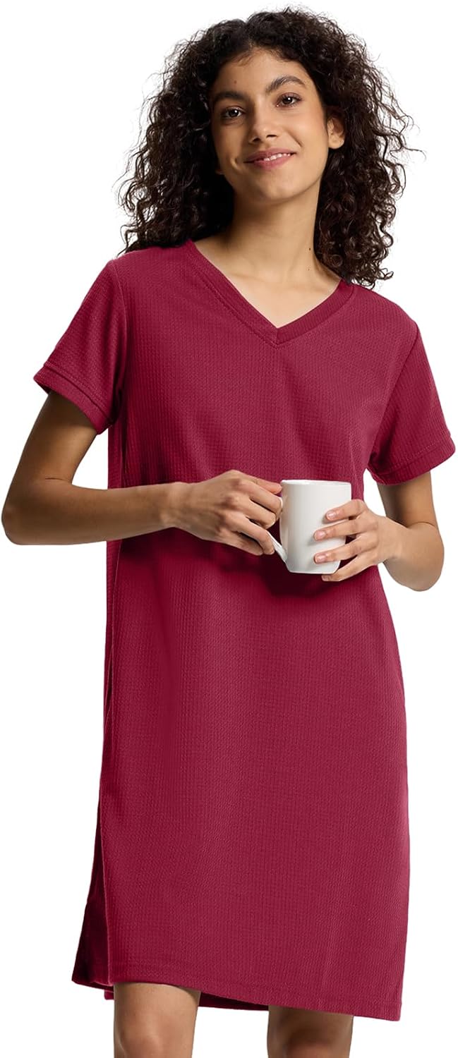 SIORO Nightgowns for Women Short Sleeve Sleep Shirt V Neck Nightshirt Summer Waffle Sleepwear Comfy Sleep Dress with Pockets - Image 3