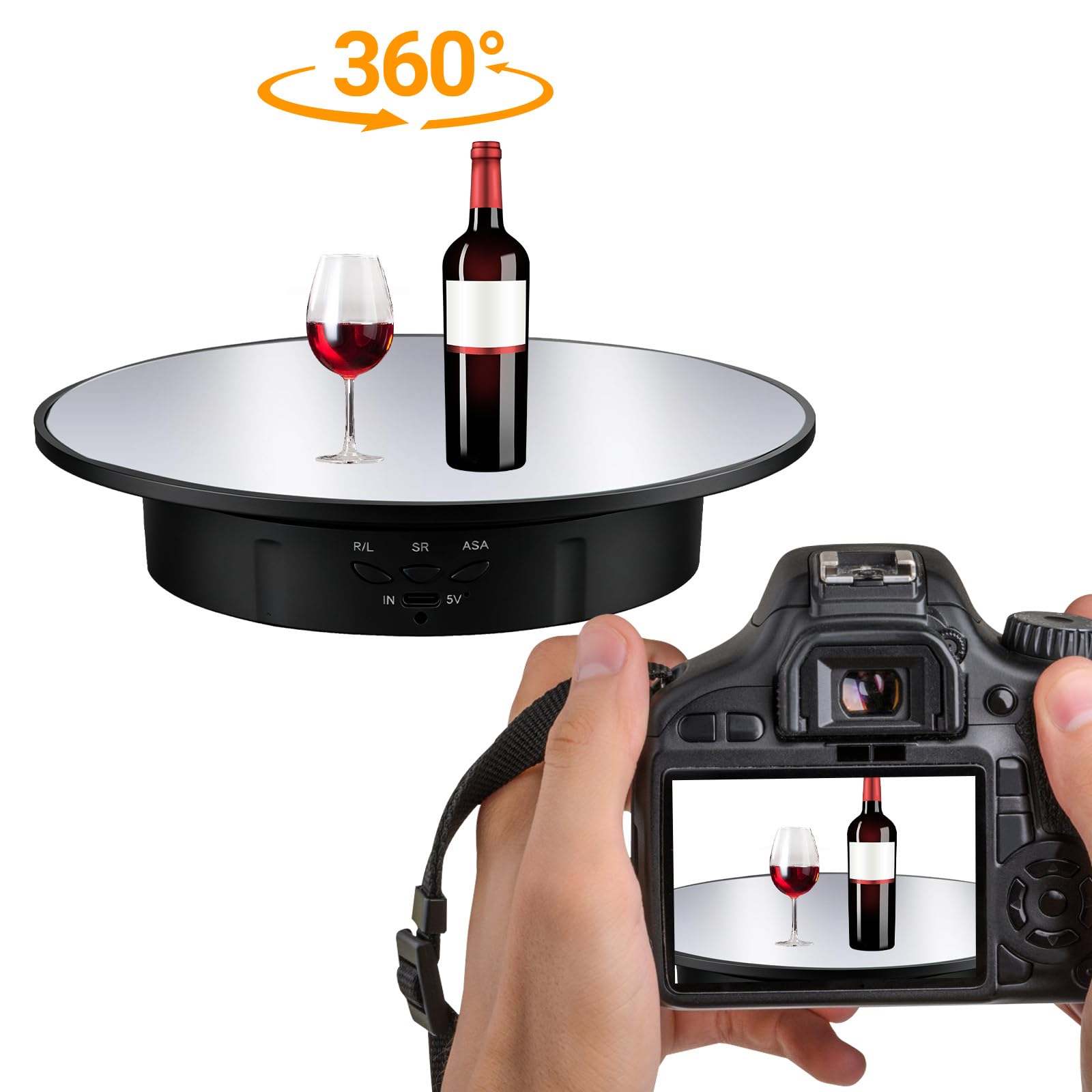 Espositore Girevole Elettrico 360°, Base Girevole Elettrica con Ricarica USB 3 Velocità, Piatto Girevole Elettrico per Torte Gioielli Modelli Collezioni Fotografia Live (Nero)