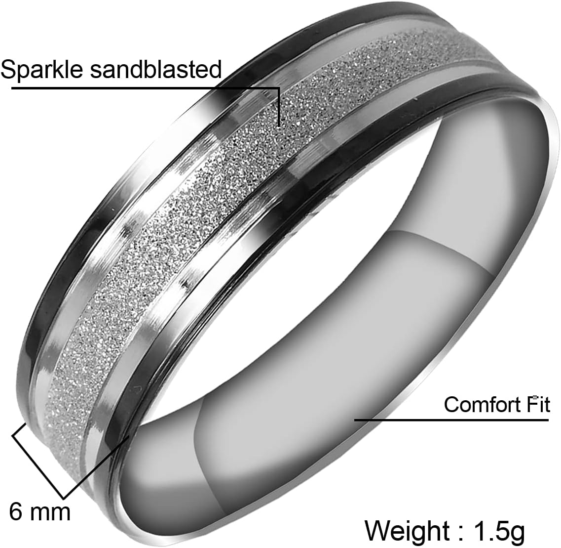 Everstone Custom Personalize Fingerprint Engrave Sparkle Flat Ring Male Female Men Women His Her Groom Bride Promise Ring Wedding Bands Titanium Ring Two Tone Color: Black & Sparkle Silver Sz