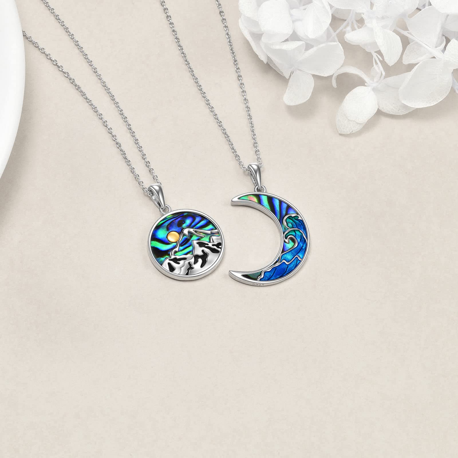ONEFINITY Berg Ozean Welle Paar Halskette Sterling Silber sein und ihr Matching Halskette Paare Schmuck Geschenke für Frauen Männer Paare Freund Boyfriend