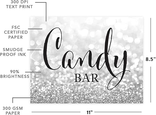 Miniatura 5 de Andaz Press Letreros de fiesta de boda, purpurina plateada brillante, 8.5 x 11 pulgadas, letrero de mesa de postre de recepción de barra de