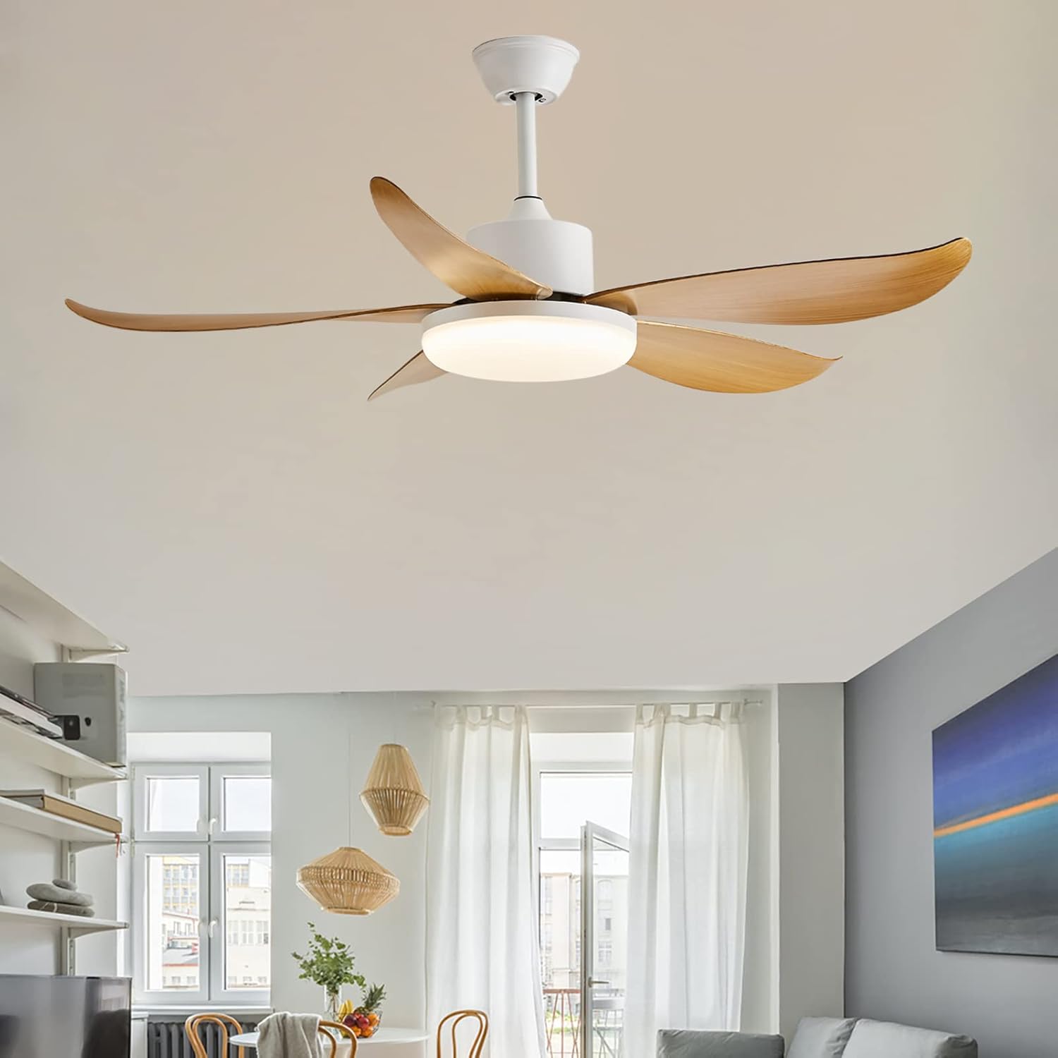 YUEGOO Ceiling Fans with Lamps,Ceiling Fans with Lamps and Remote Control Big Fan Lights for Living Room Ceiling 6 Speed Silent Ceiling Fans with Lights Summer & Winter Reversible/White/48In