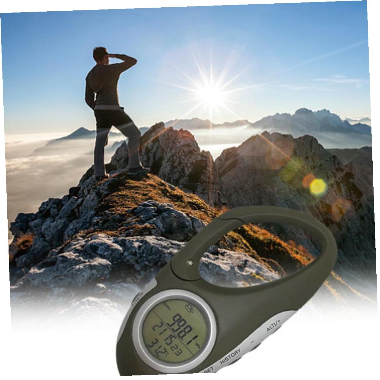 Altimètre Portatif d'alpinisme Vert en Abs Mousqueton | Baromètre et Thermomètre Intégrés, Mesure D'altitude, Format Pratique à Emporter