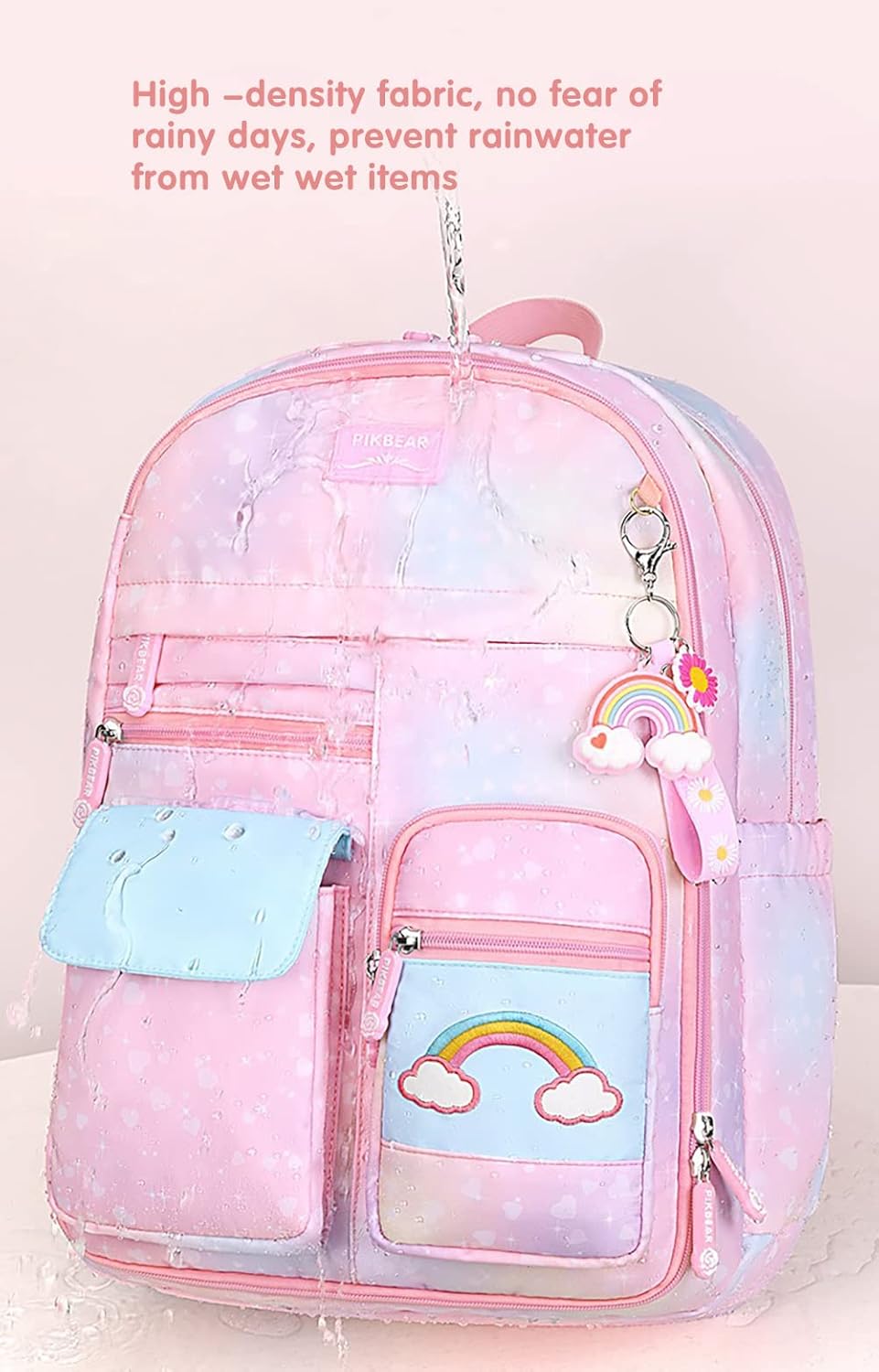 MCWTH School Backpack for Girls, Lightweight Waterproof Cute Rainbow School Bookbag for Teen Kids Students Elementary (Rainbow Pink) Large