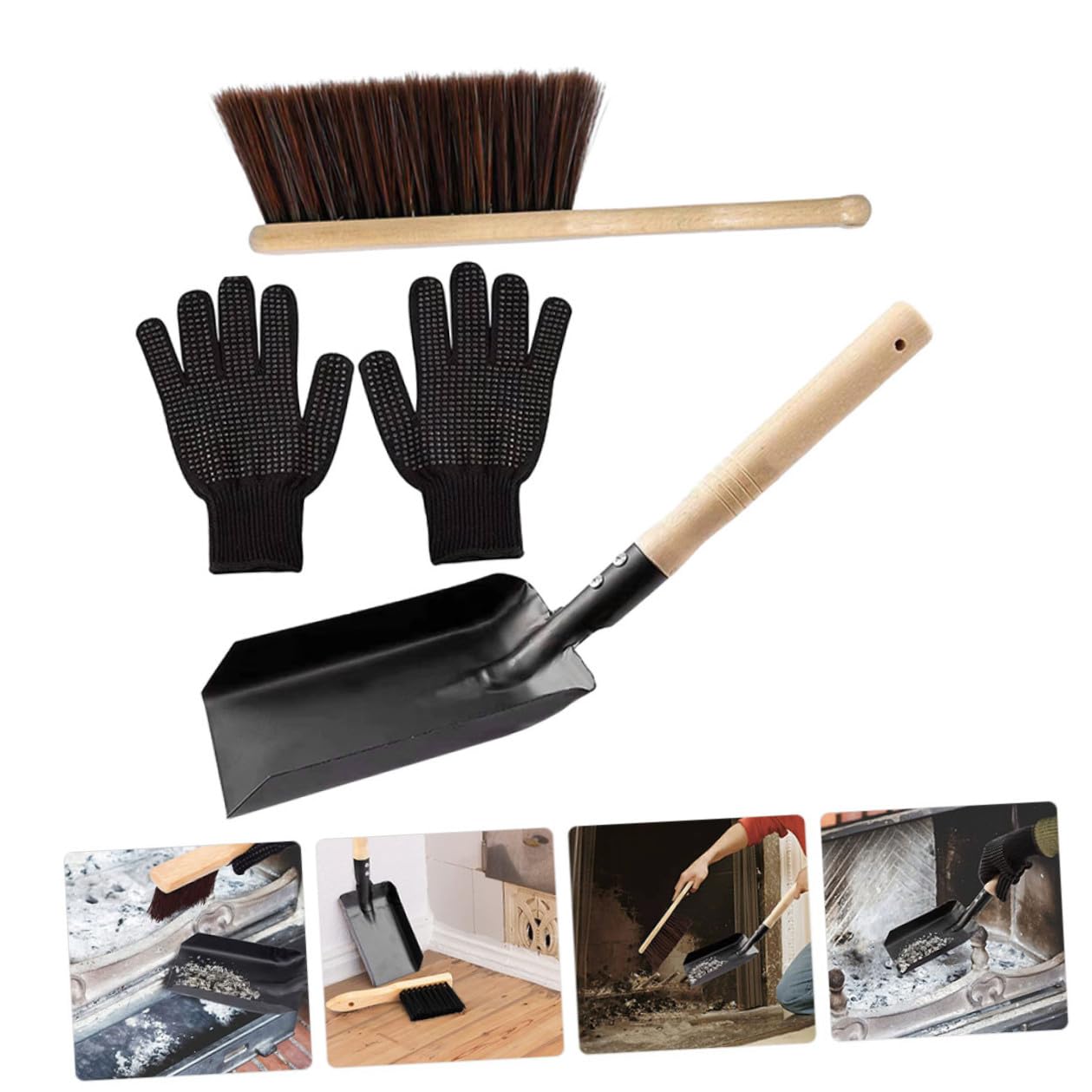 Set Attrezzi per Caminetto Paletta in Acciaio e Spazzola in Silicone, Manico in Legno, Facile da Riporre, Angoli Arrotondati, la Pulizia del Stufa Domestico