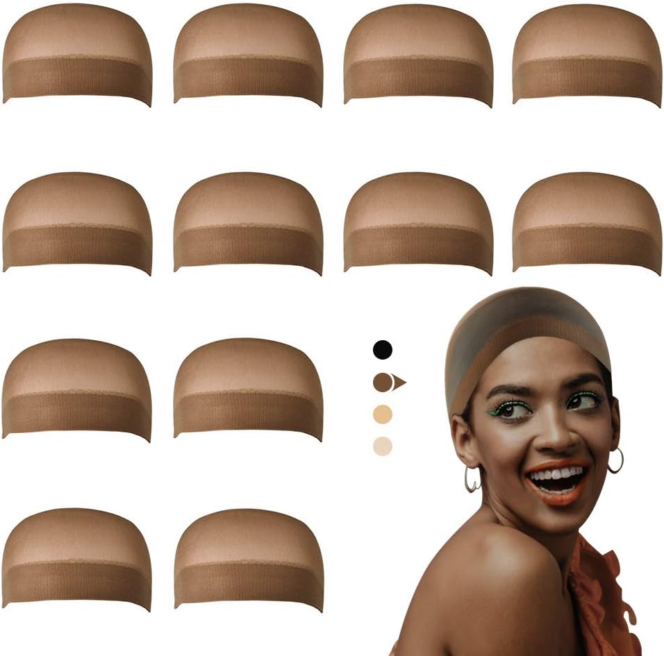 Dreamlover Wig Caps for Dark Skin Women, Stretchy and Soft Nylon Stocking Caps for Wigs, Natural Brown, 12 Pieces