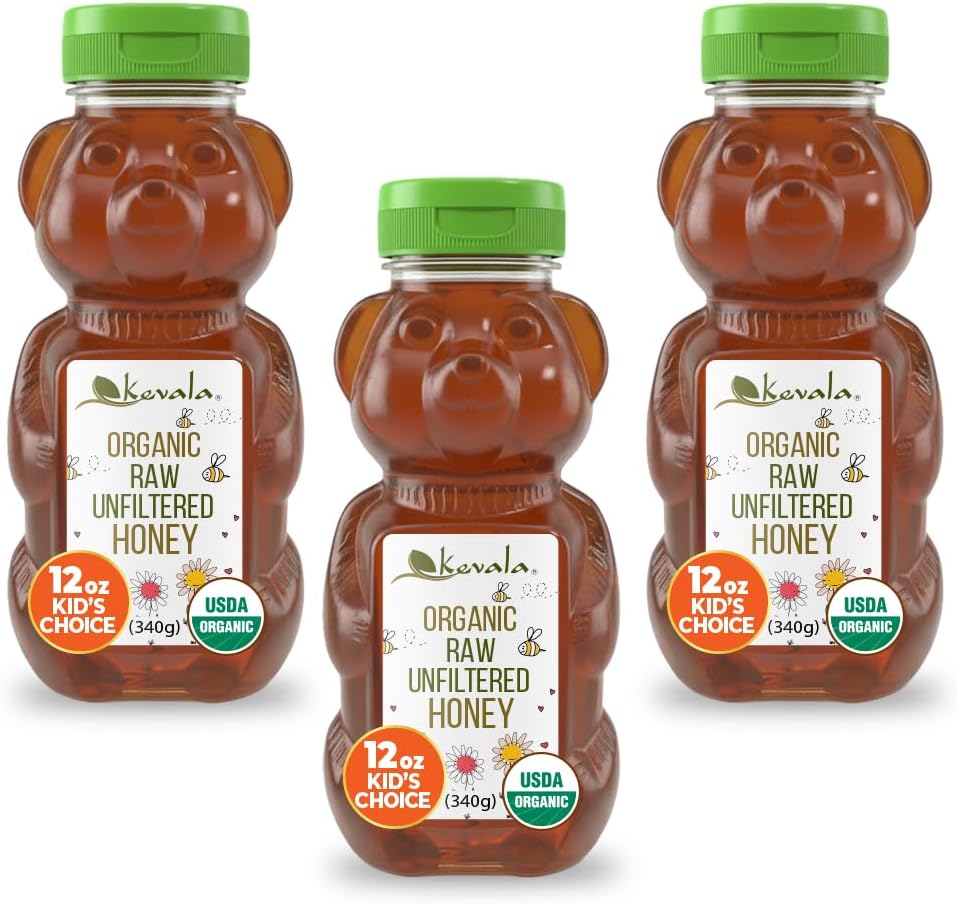 Organic Raw Unfiltered Honey Bear - Gluten Free Sweetener with No Sugar Added, Maple Syrup Substitute for Pancakes and Waffles, Squeezable Bottle for Easy Use, Raw Honey, 12 oz (3pack)