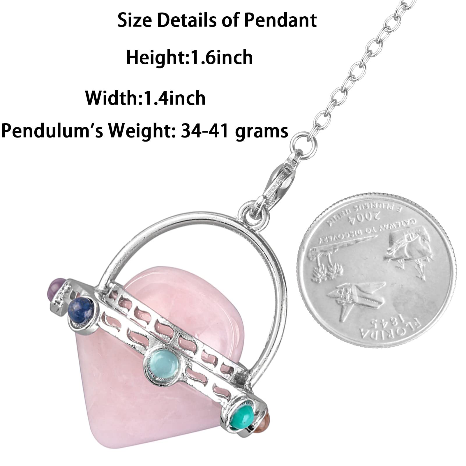 Mookaitedecor - Colgante de péndulo con punta de cristal cónica, de piedras de los 7 chakra con cadena para la radiestesia adivinación y mediación, cuarzo rosa