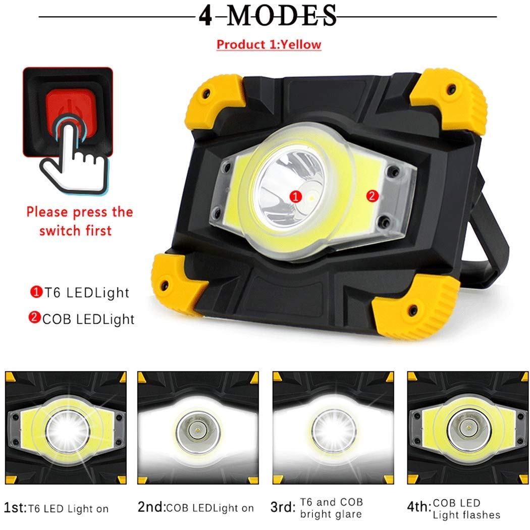LED Wiederaufladbare Arbeitsleuchte, 10W Flutlicht, USB Tragbare Campingleuchte, IP65 Wasserdicht Strahler, 4 Beleuchtungsmodi für Auto Reisen Wandern Angeln