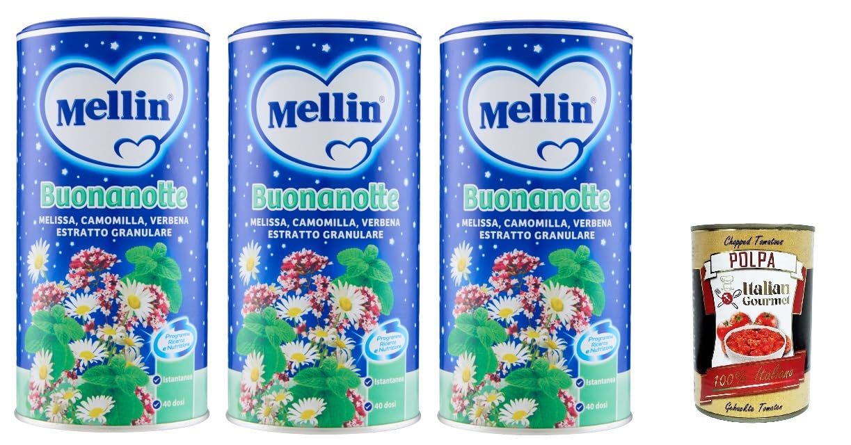 3x MELLIN Goodnight Lösliche Kamille, Kamille, Zitronenmelisse, Eisenkraut mit körnigem Extrakt 200gr+ Italian Gourmet polpa 400g