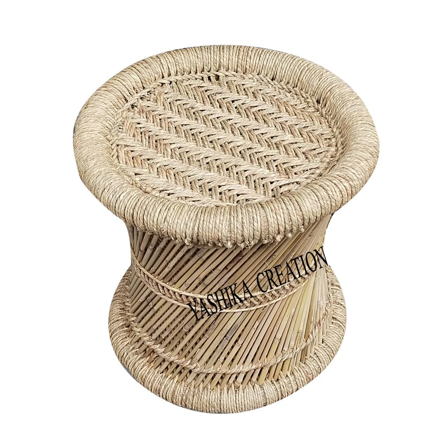 Natural Pure Handmade Bamboo Mudda Stool with Beige (15 X 16) Inche