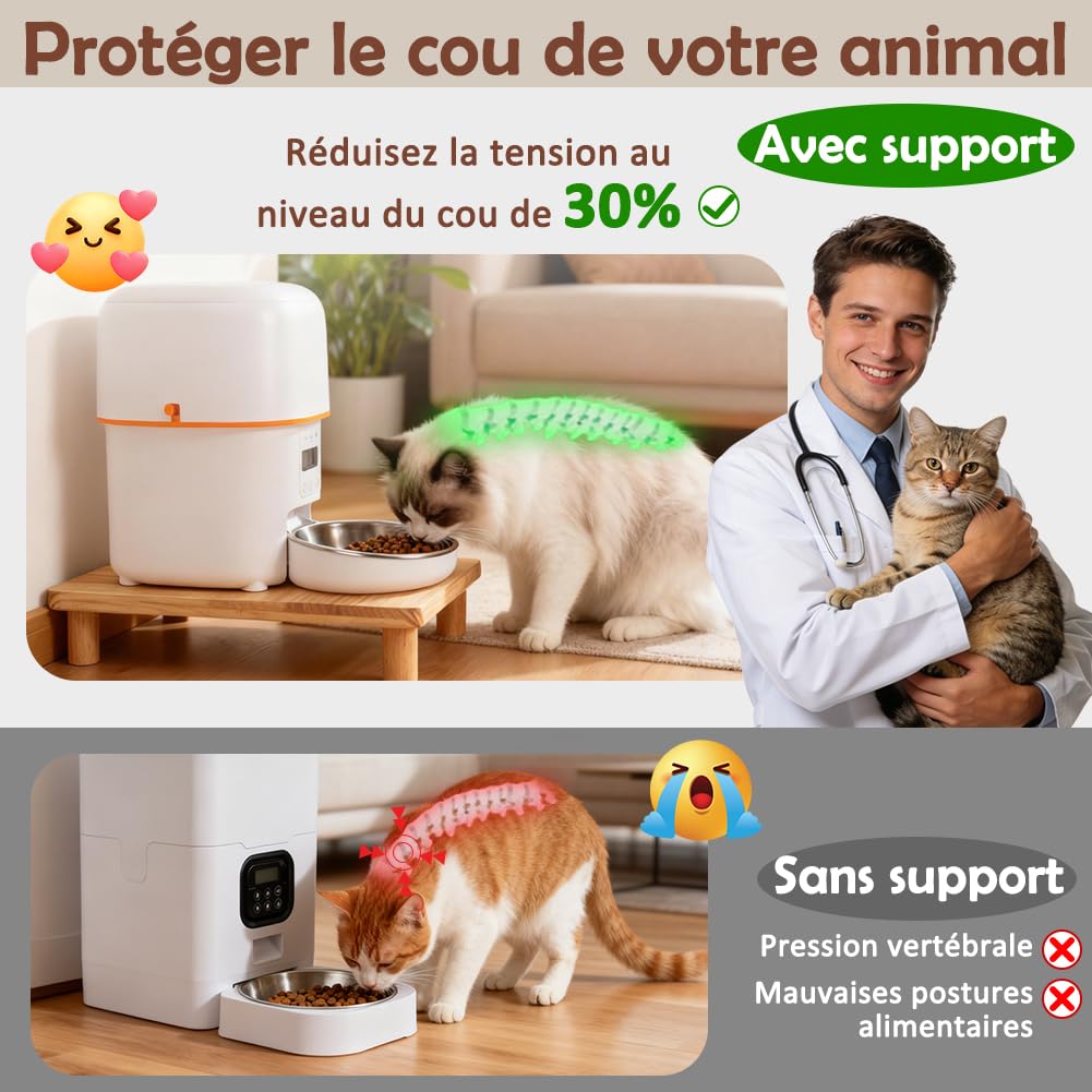 SZEE Support Surélevé en Bois Massif pour Distributeur Croquettes Chat Automatique, Ergonomique Réduisant la Pression sur la Colonne Vertébrale, Support pour Gamelle Chat Automatique, 34,3×20×6,1 CM