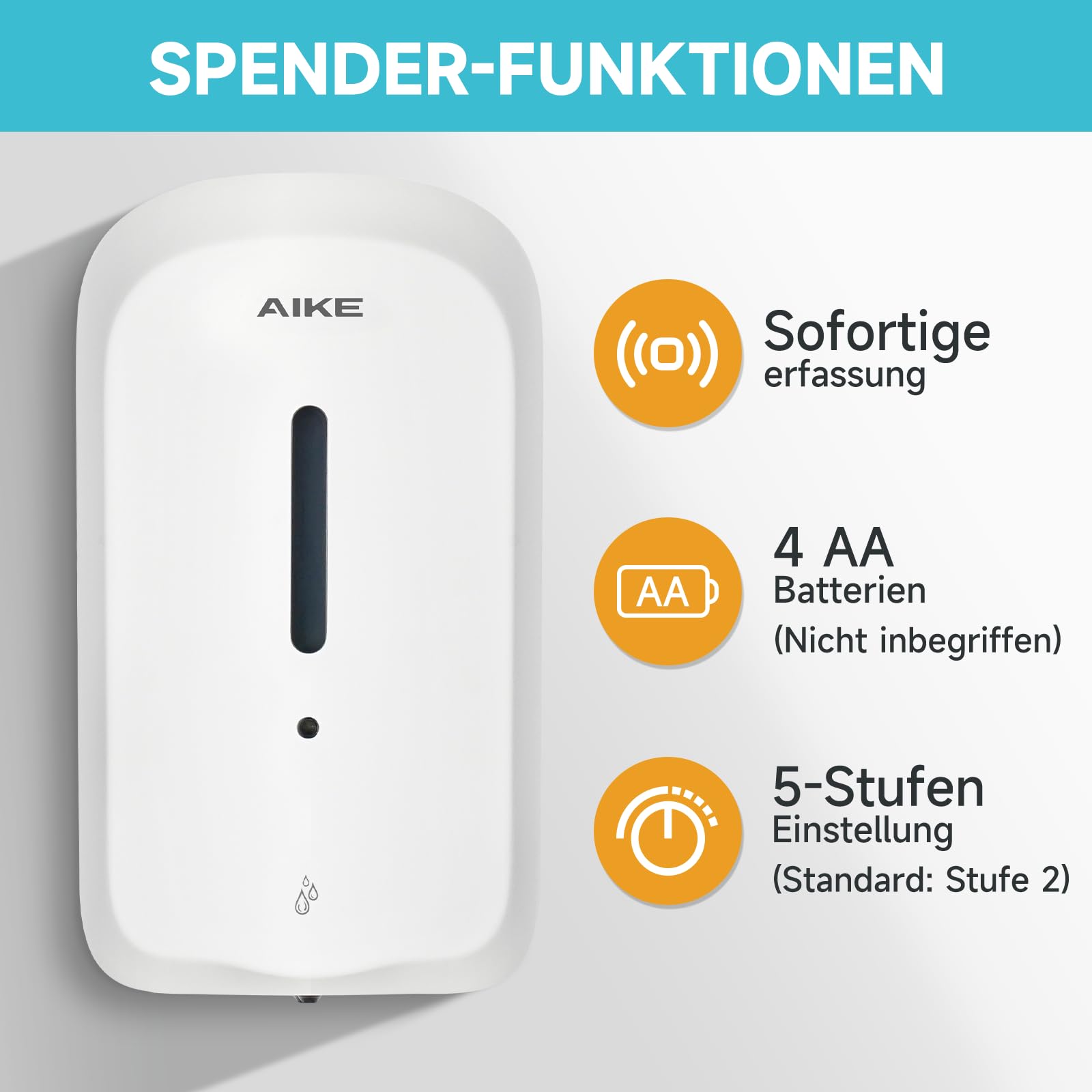 AIKE 1000 ML Automatischer Seifenspender Wandmontiert,Öffentliche Bereiche | Einbruchschutz-Design, 5-stufige Einstellung, 3 Monate Batterielaufzeit, Geeignet Für Krankenhäuser Und Fabriken