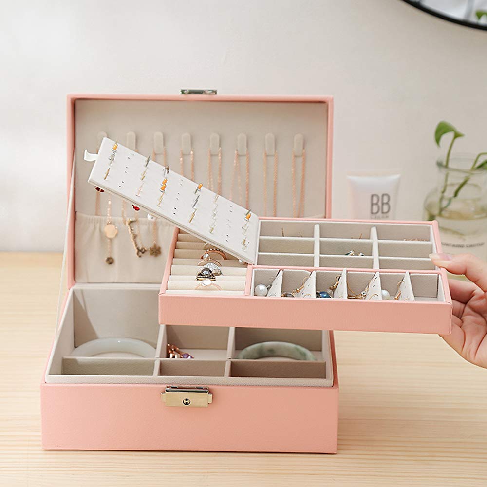 TEIVUL Boite a Bijoux Femme,Rangement Bijoux 2 Couches,Boite à Bijoux Verrouillable avec Clef,Boîtes à Bijoux et Présentoirs pour Filles Femme Colliers,Bracelets, bagues et boucles(Rose) d'oreilles
