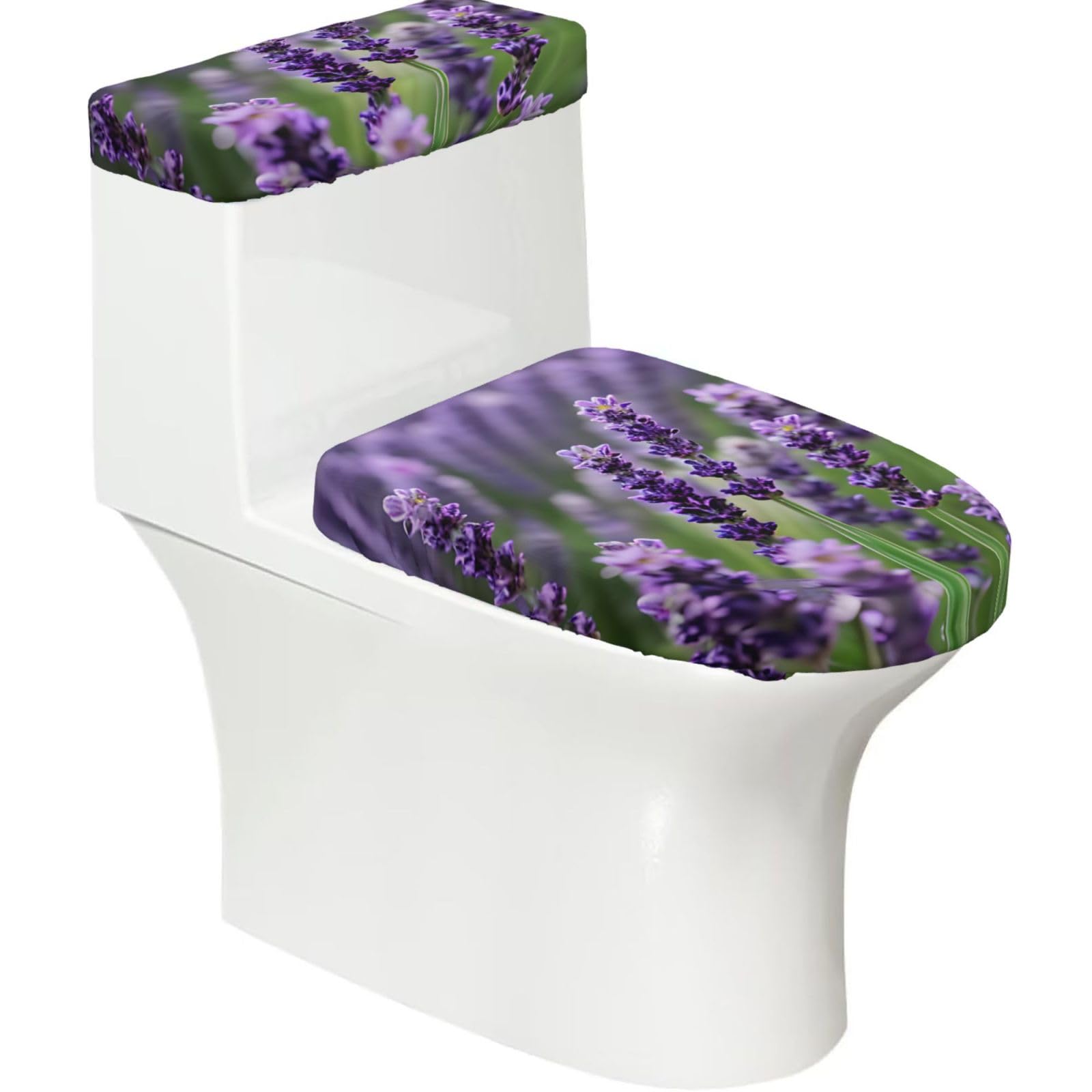 Purple Lavender Floral Flowers Printed Toilet Tank and Lid Cover Set of 2 for Most Bathrooms, Fits Elongated Round Toilets