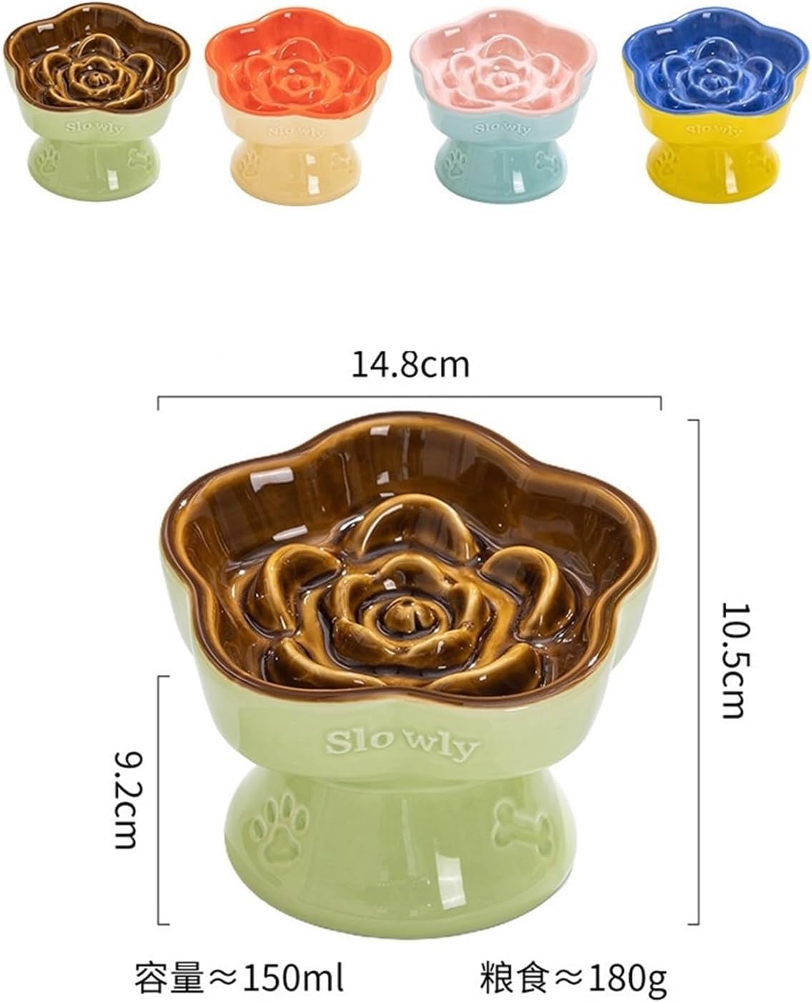 Ceramic Elevated Slow Feeder Bowl for Cats & Small Dogs - Anti-Vomit Flower Design with Maze Structure(Yellow)