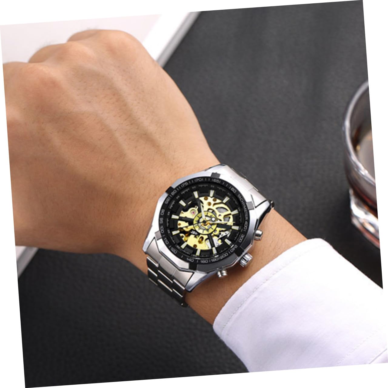 Reloj Mecánico Automático para Hombre Esqueleto Esfera Negra, Movimiento Luminoso, Correa de Acero Inoxidable y Diseño Casual para Negocios y Uso Diario