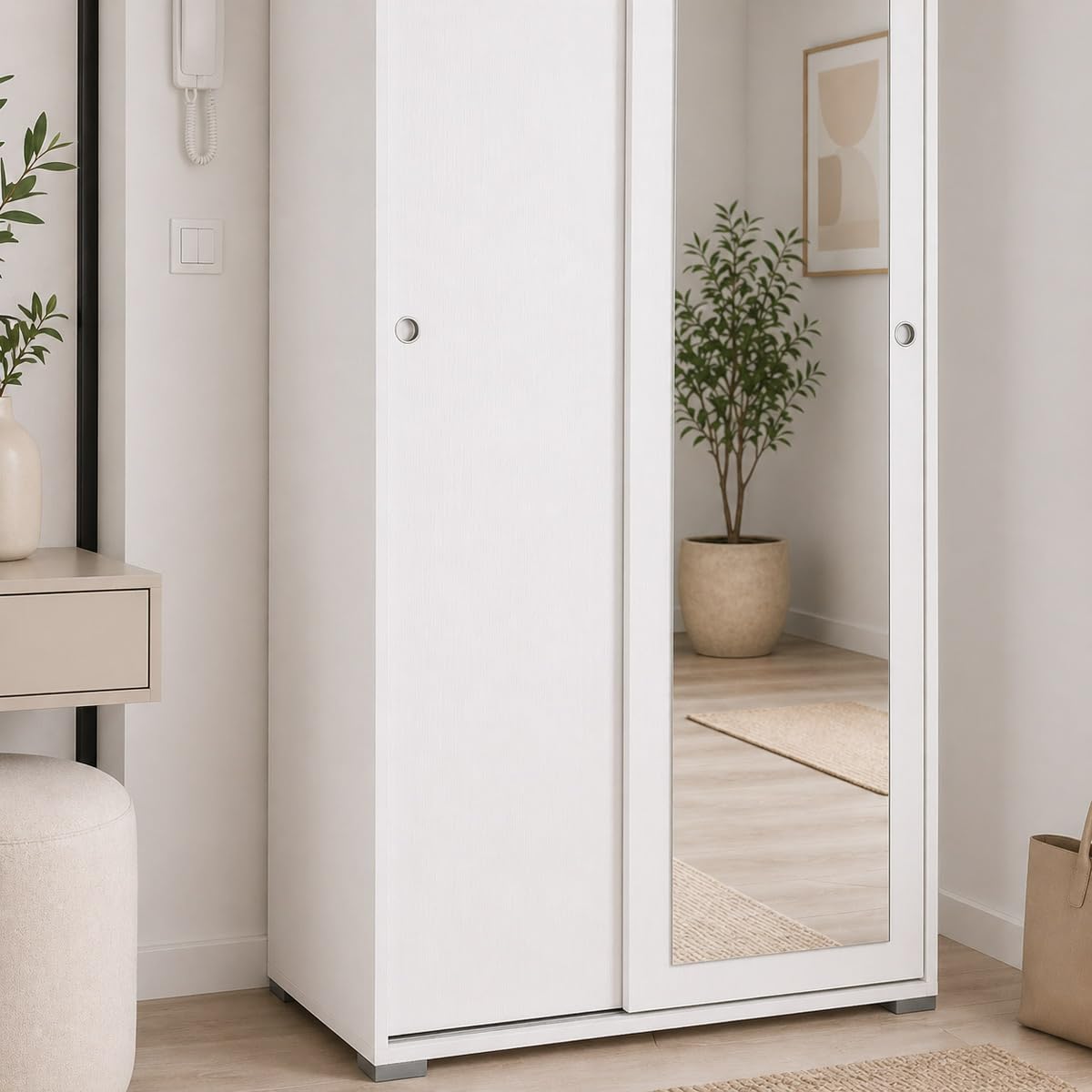 Yellowshop - Armadio 2 ante scorrevoli 2 ripiani L90xP45xH195 cm SLIDE Bianco o Bianco-Rovere texture 3d / specchio (Bianco)