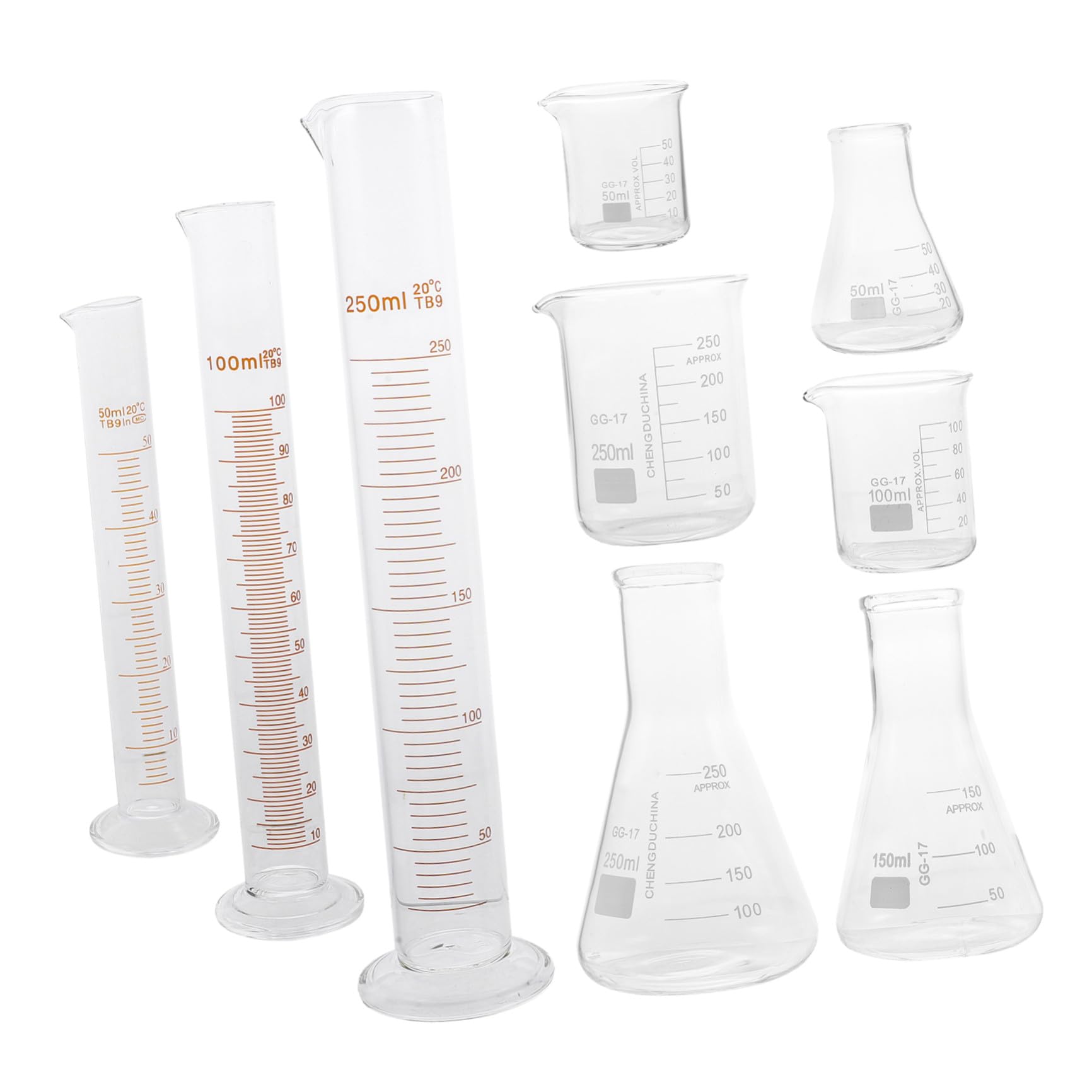 MAGICLULU Set di Vetreria da Laboratorio 9 Pezzi in Vetro Becher Graduato e Beuta Conica, Resistente ad Alte Temperature, Scala Facile da Leggere per Uso in Laboratorio
