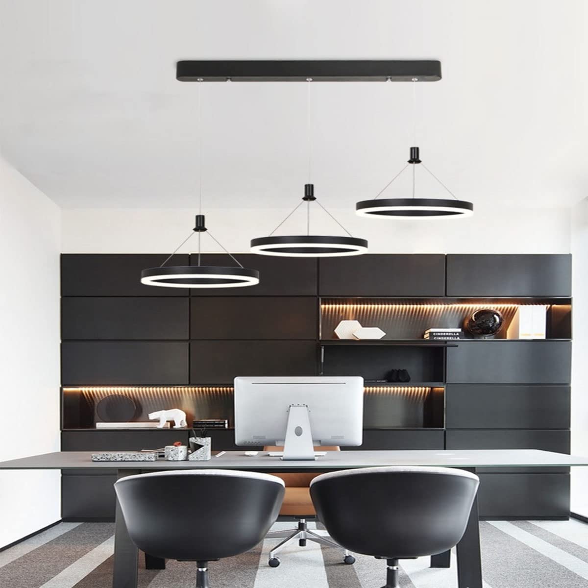 KXEcoLife Modern LED Pendant Lamp with Remote Control Dimmable Height Adjustable Chandelier for Dining Room Living and Kitchens 3 Rings (Black)