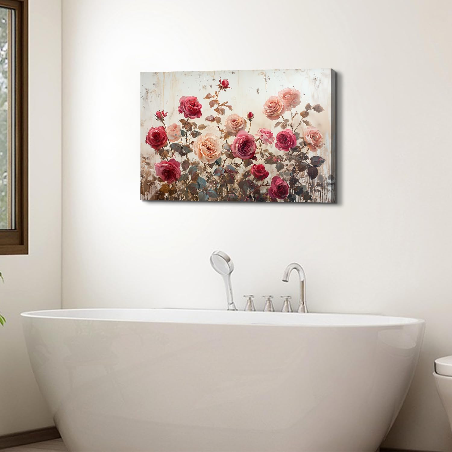 Large Pink Wall Decor for Bedroom Wall Art Retro Rose Flower Canvas Pictures for Living Room Decor Rustic Blossom Roses Floral Painting Modern Farmhouse Artwork for Bathroom Home Decoration 24x36"