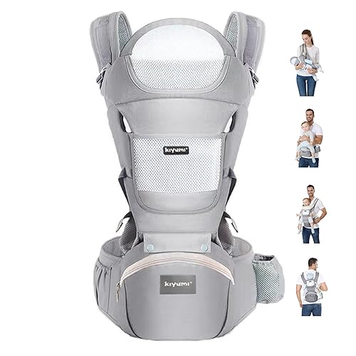 KIYUMI Portabebés con asiento de cadera, portabebés 6 en 1 para recién nacidos hasta niños pequeños, posición M ergonómica, soporte para la cabeza y