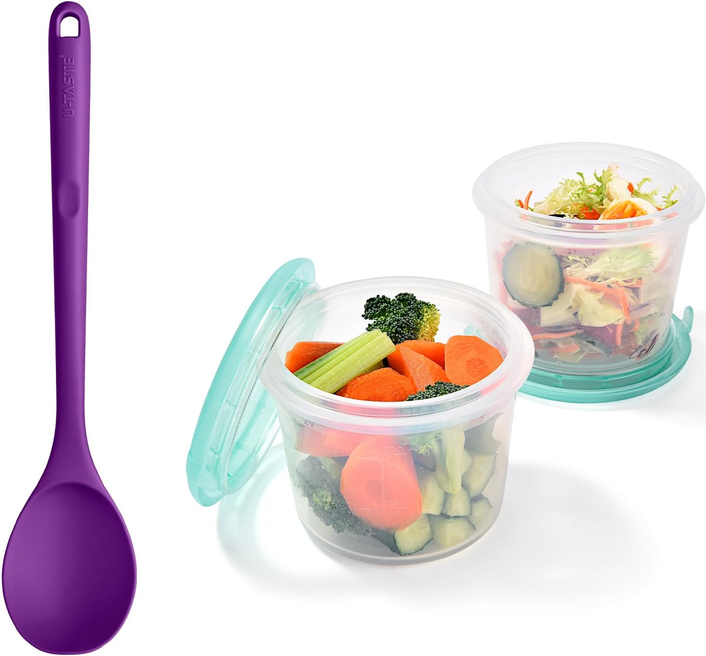 U-Taste 13.3" Solid Cooking Spoon 600ºF Heat Resistant Kitchen Mixing Spoon (Purple) and 2 Cup Silicone Food Container Meal Prep Kitchen Storage with Airtight Lid Set of 2 (Aqua Sky)