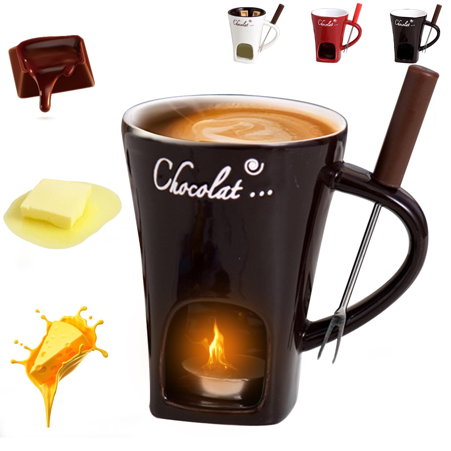 Chocolate Fondue Mug with Fork, Chocolate Fondue Cup, Personal Chocolate Melting Cup for Cheese, Ceramic Chocolate Melting Cup, Chocolate Melting Mug For Date Night Birthday Wedding Gifts (Black)
