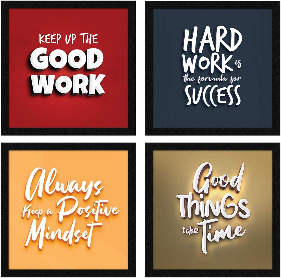 ArtX Paper Motivational Wall Frames, Inspirational Quotes Wall Frames For Home Office Study Room Decor, Multicolor Posters With Frame, Set of 4