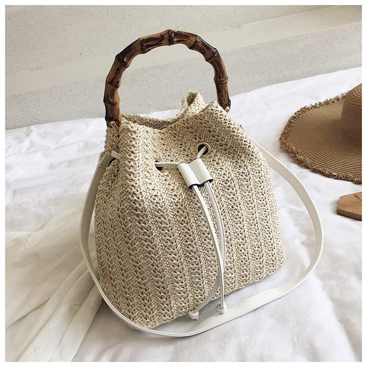 Handheld Straw Bag Fashionable Shoulder Crossbody Bag Bamboo Bag Bucket Bag-White2