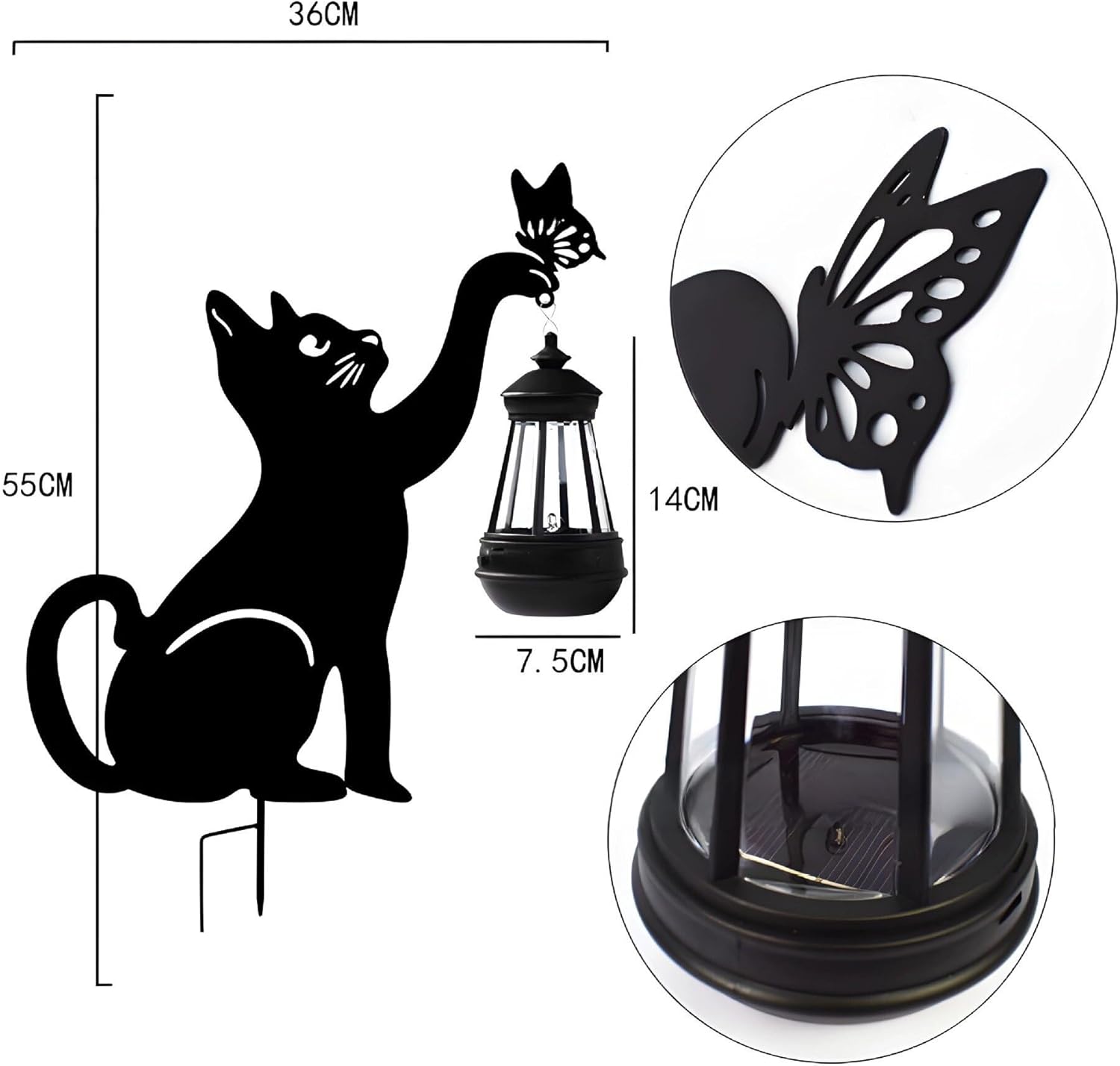 Solar Garden Cat Lantern Stake, Outdoor Decorative Metal Silhouette with LED Light, Pastoral Style Yard Decoration, 40-55cm Height (Cat Lantern Model A)