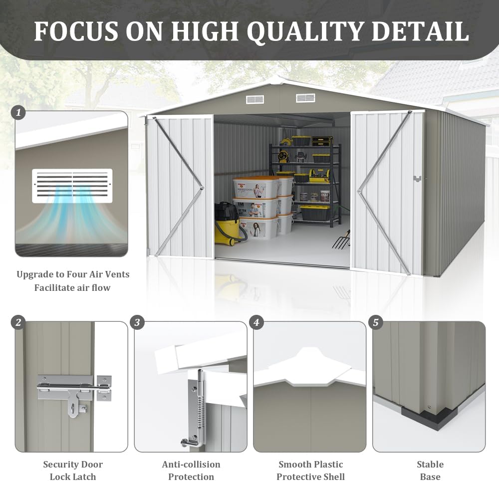 Metal Outdoor Storage Shed 10 ft x 14 ft with Sloped Roof and Lockable Doors for Backyard or Patio Use