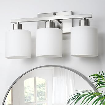 CANMEIJIA 3-Light Bathroom Vanity Light Fixtures, Brushed Nickel | Modern Wall Sconce with Milky White Glass Shade for Mirror Bedroom Living Room, Anti-rust, E26 Socket, Bulbs Not Included