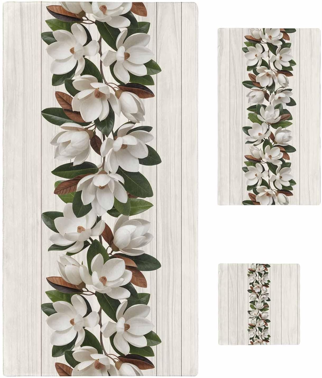 SEVENBABU 3 PCS Towel Set - Contains Absorbent Bath Towels 30x60, Hand Towels 16x28 and Wash Cloths 13x13, Wood Grain Magnolia Botanical Flowers Soft Towel Sets for Bathroom