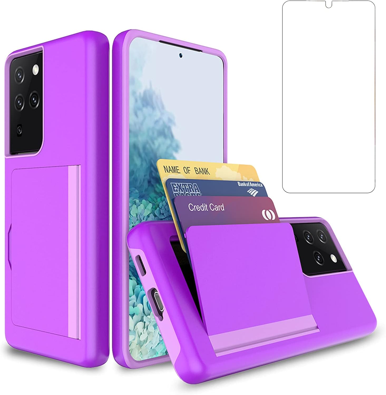 Asuwish Phone Case for Samsung Galaxy S21 Ultra Glaxay S21ultra 5G with Tempered Glass Screen Protector Cover and Credit Card Holder Stand Slim Hybrid Cell Gaxaly 21S S 21 21ultra G5 Women Men Purple