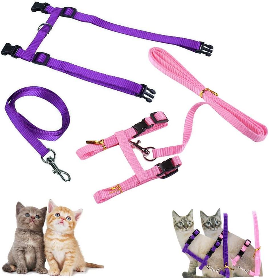 Morices 2 Pack Cat Harness and Leash, Adjustable Comfortable Nylon Pet Strap Collar with Leash, Escape Proof Safety Rope Leads Chest Strap for Kitten Puppy Rabbits Walking Training (Pink & Purple)