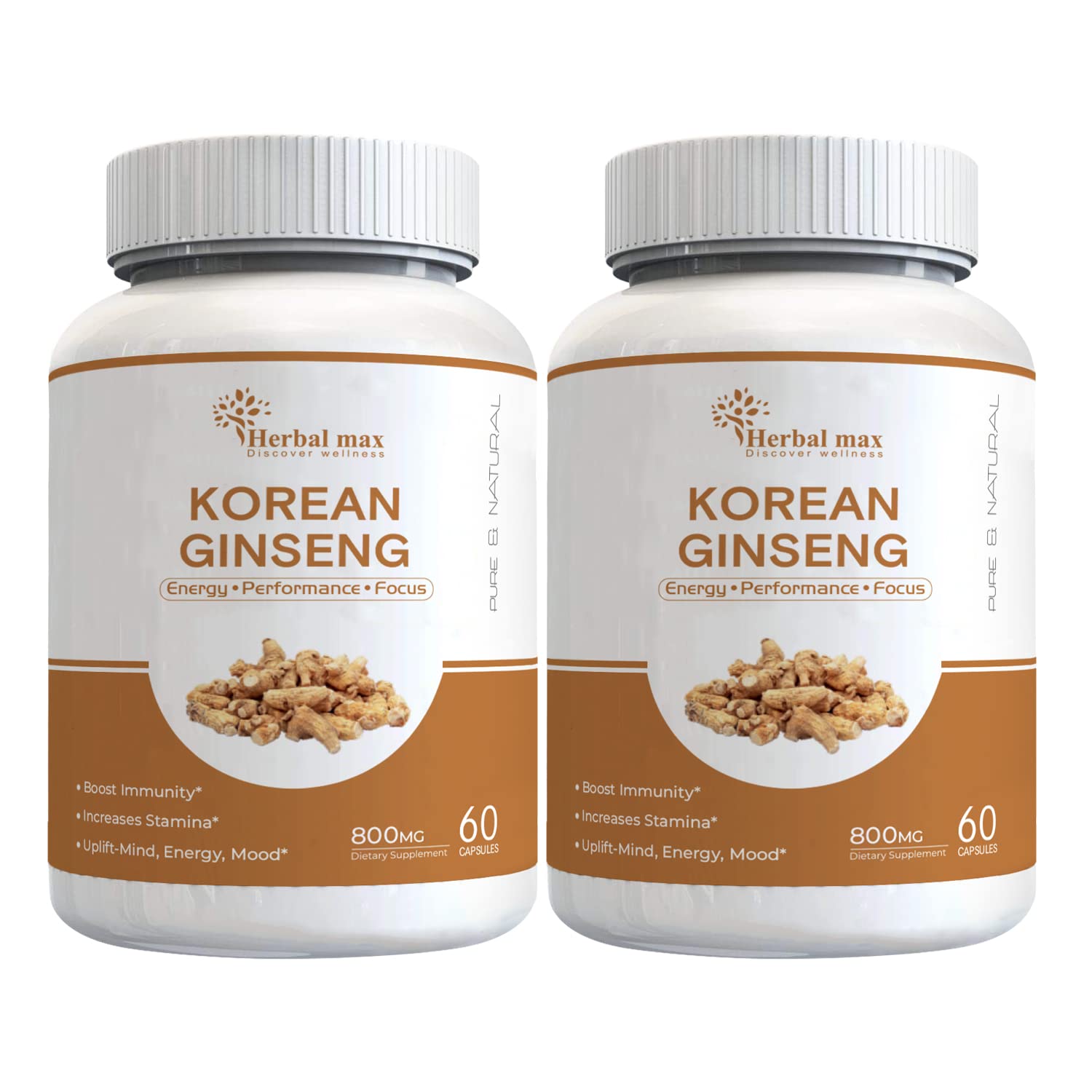 Herbal max Korean Ginseng, 60 Veg Capsules (800mg) Pack of 2 | For Immunity
