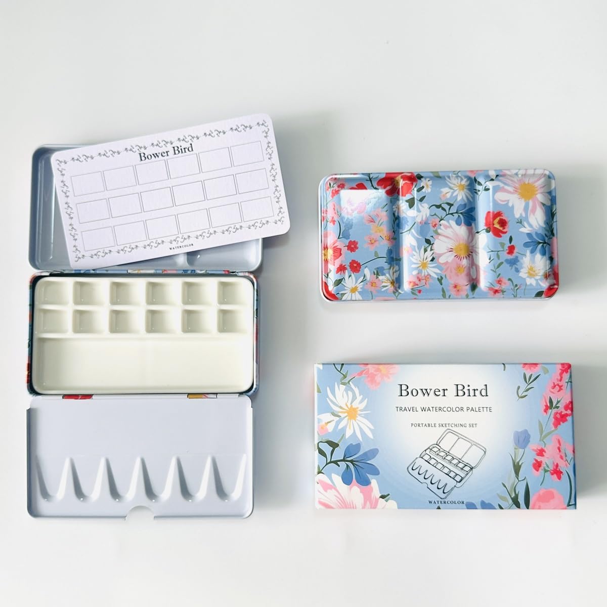 Bower Bird Silver Travel Watercolor Palette,Portable Ceramic Palette 16 Well,Empty Paint Palette,Small Travel Metal Paint Boxwith Porcelain Palette (12Well)