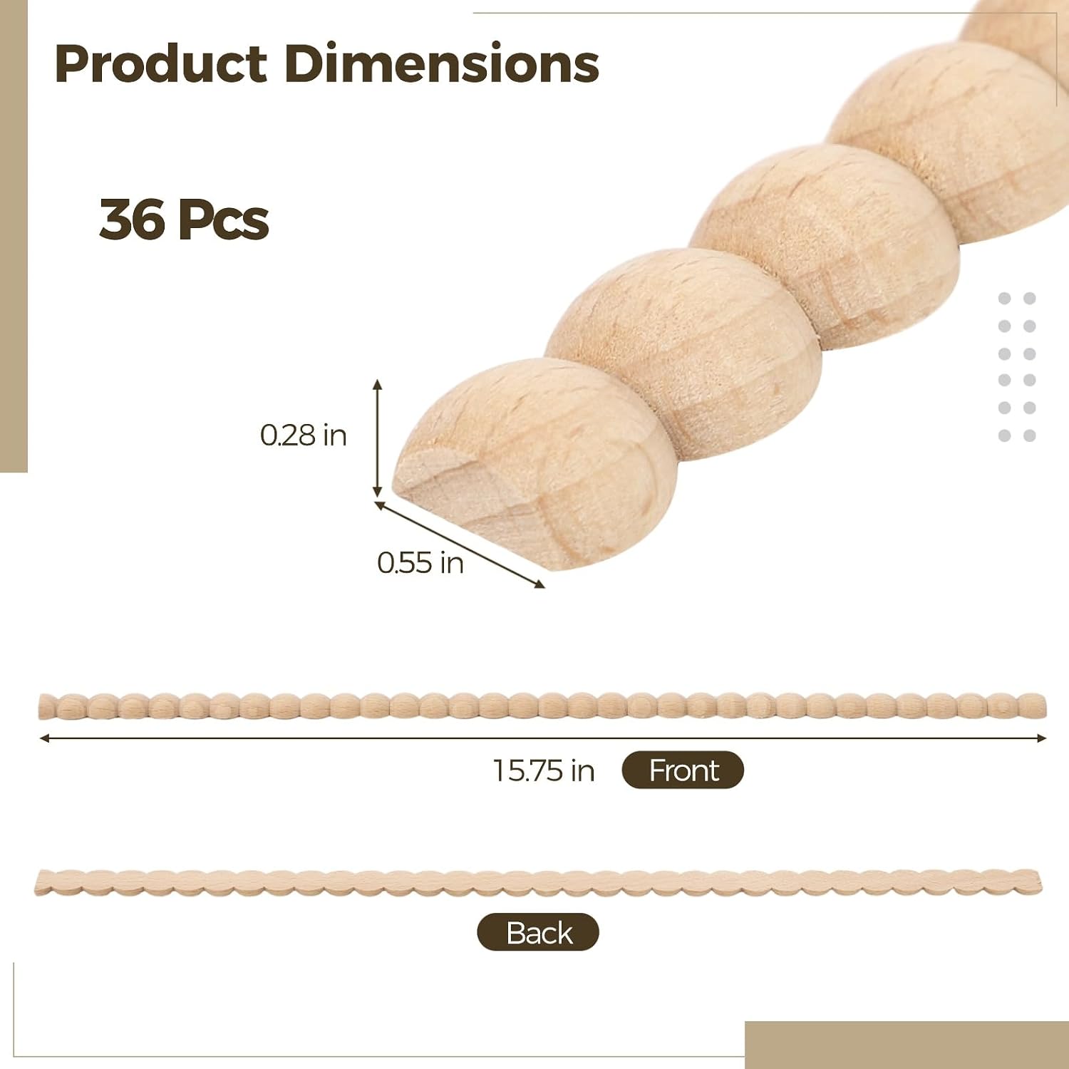36PCS Decorative Beaded Wood Trims, 15.75" Half Wooden Beaded Trim, Unfinished 3D Half Round Wood Moldings for DIY Furniture and Crafts, Paintable Wooden Pearl Edging for Home Wall (14MM)