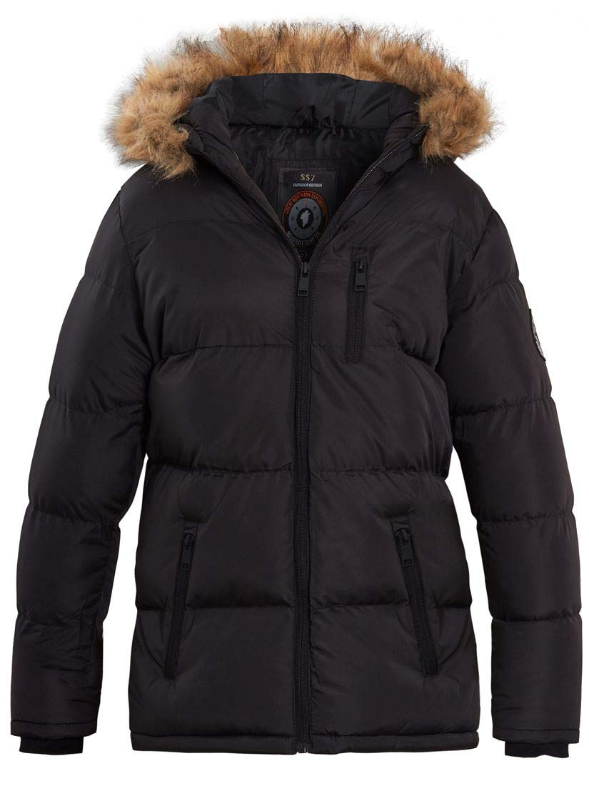 SS7 Boys Padded Parka Coat with Faux Fur Hood Black