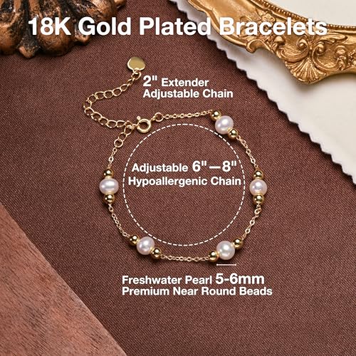 Pearls Bracelets for Women 18K Gold Plated Freshwater AAAA Pearls Dainty Chain Link Bracelets - Double Golden Beads3