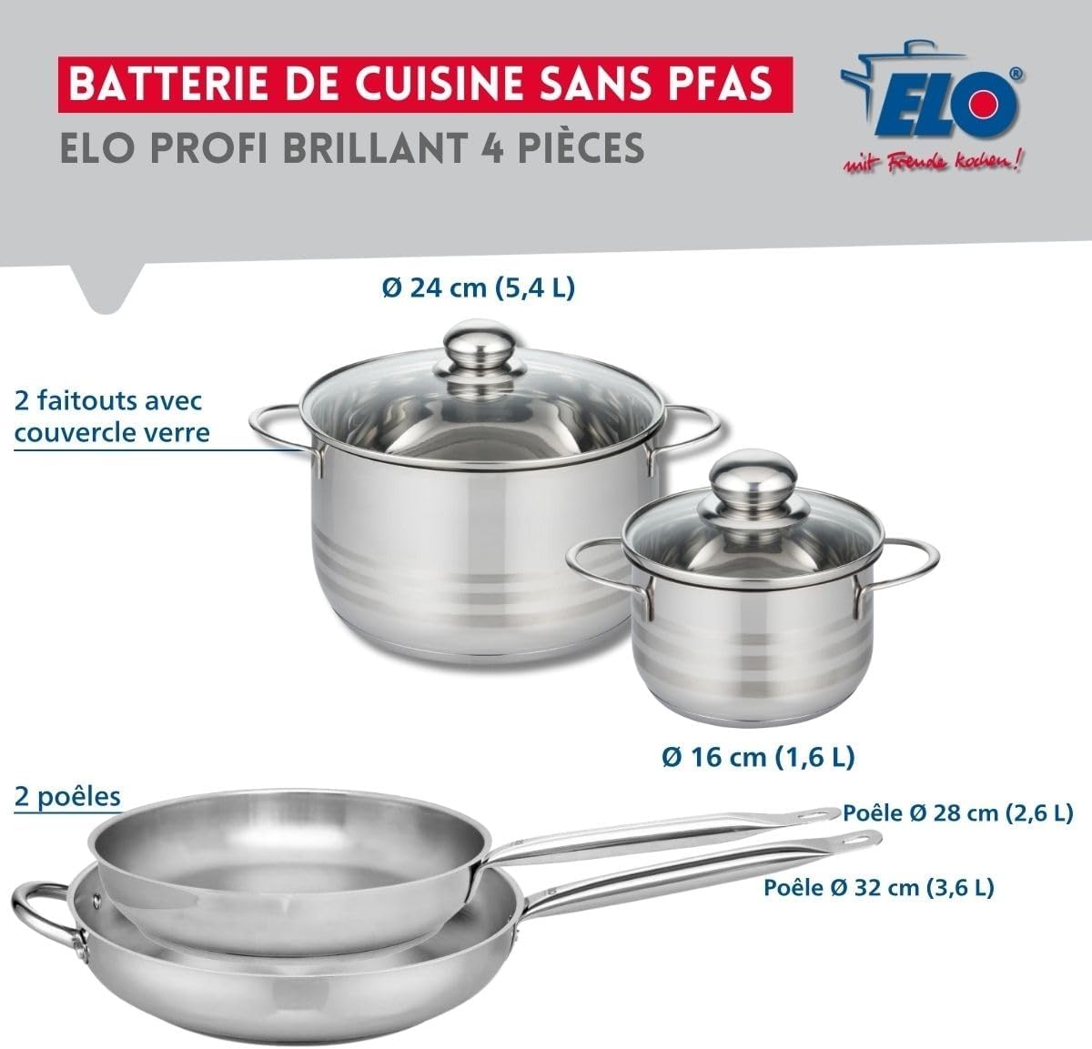 ELO 9882750 Cookware Set 4 Pieces 2 Frying Pans 28 and 32 cm and 2 Cooking Pans 16 and 24 cm Elo Profi Stainless Steel Induction image 2