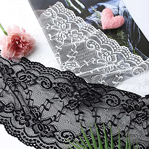 Qxuji 7 Inch Wide Lace Fabric, Sewing Lace Ribbon Trim, Elastic Stretchy Lace, For Sewing, Gift Wrap, Bridal Shower Wedding Decoration, Diy Art Crafts, 2.5 Yards Black + 2.5 Yards White #TOP6