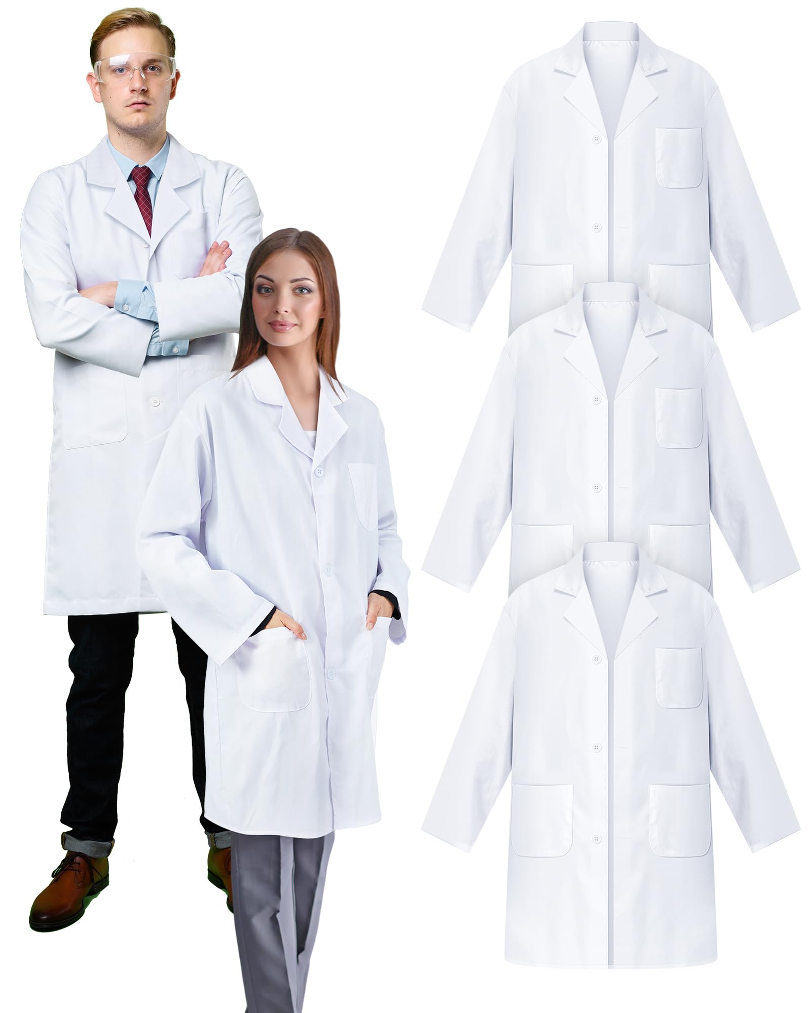 Cutecrop Abrigo de laboratorio unisex a granel para mujeres y hombres, abrigo de laboratorio de ciencia de manga larga, 3 bolsillos delanteros, disfraz de médico profesional